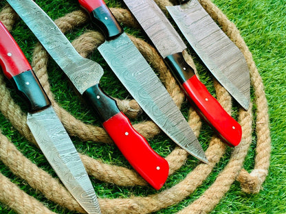 Custom Handmade Damascus Steel 5Piece Chef Knife Set  Wooden Handles With Leather Bag  Premium Kitc 1