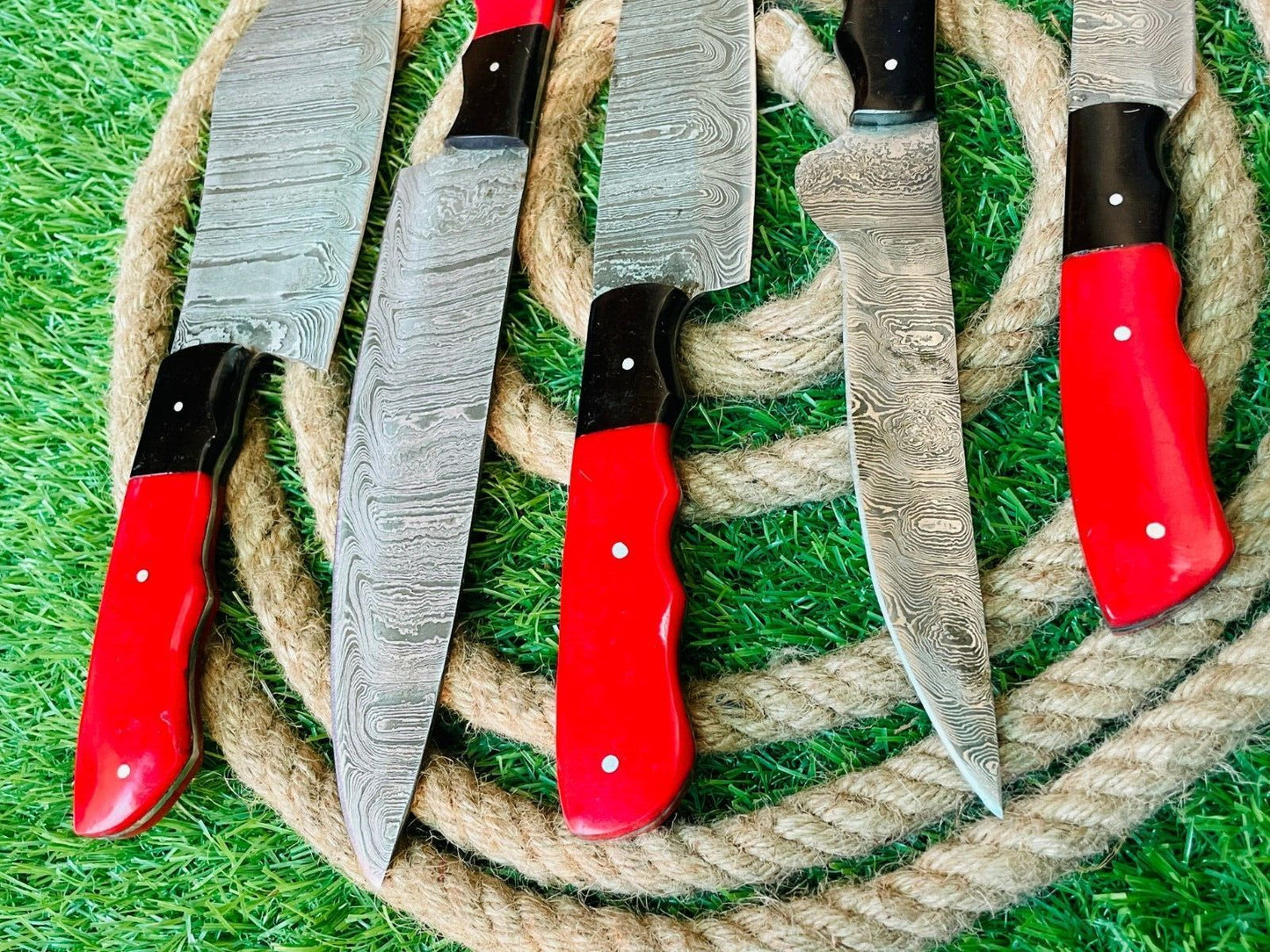 Custom Handmade Damascus Steel 5Piece Chef Knife Set  Wooden Handles With Leather Bag  Premium Kitc 2