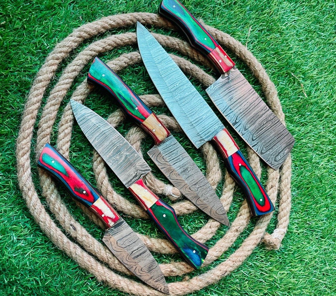 CCustom Handmade Damascus Steel 5Piece Chef Knife Set  Wooden Handles With Leather Bag 1