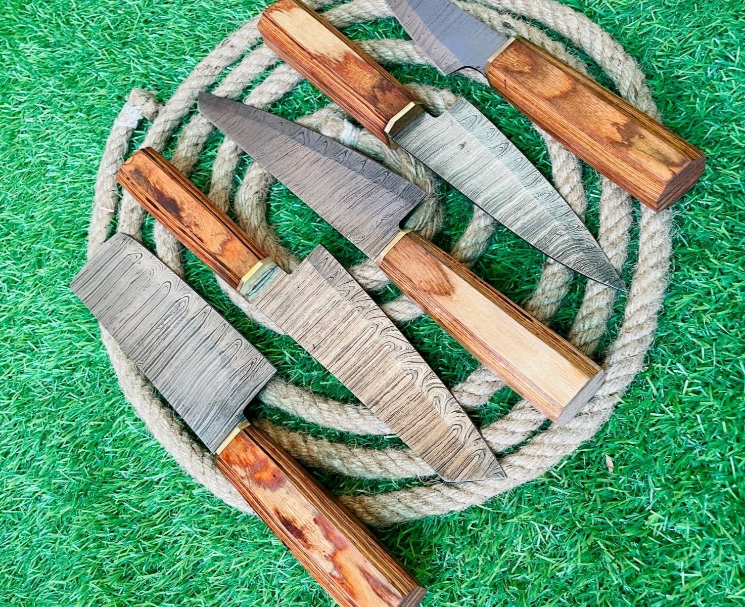 Custom Handmade 5Piece Damascus Steel Chef Knife Set  Rat Tail Tang With Wooden Handles  Leather Sh 1