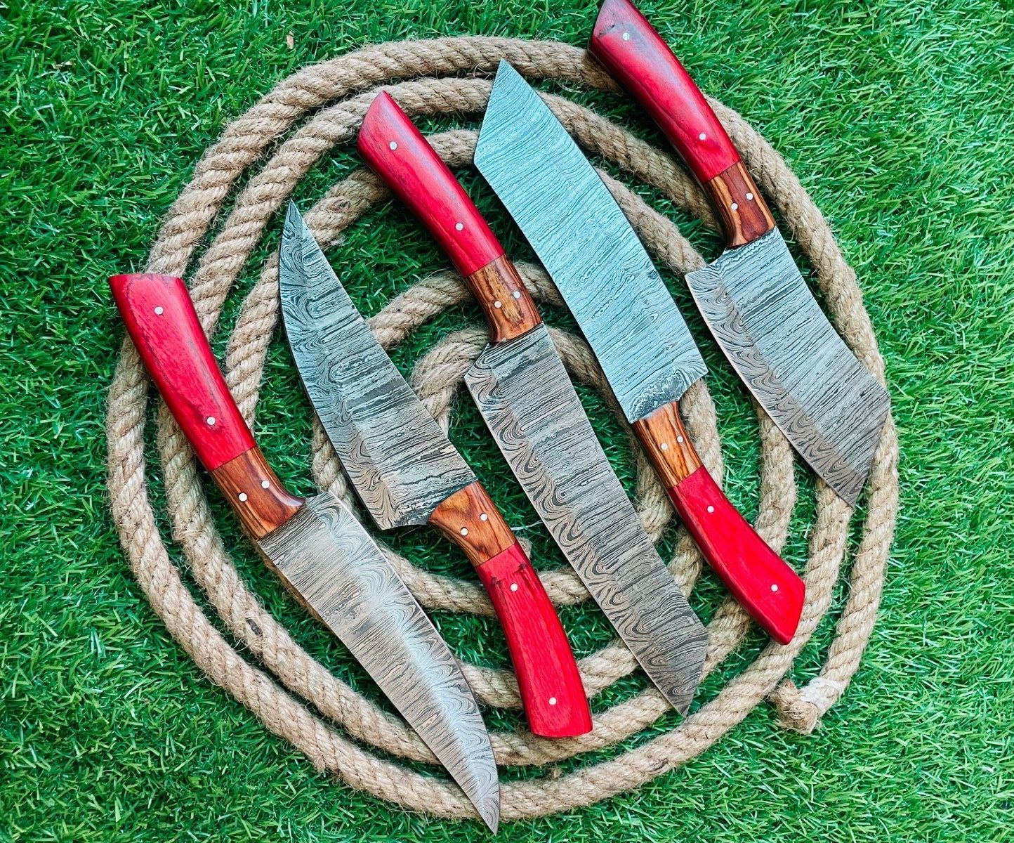 Custom Handmade Damascus Steel 5Piece Chef Knife Set  Full Tang Wooden Handles With Leather Bag  Pr 1