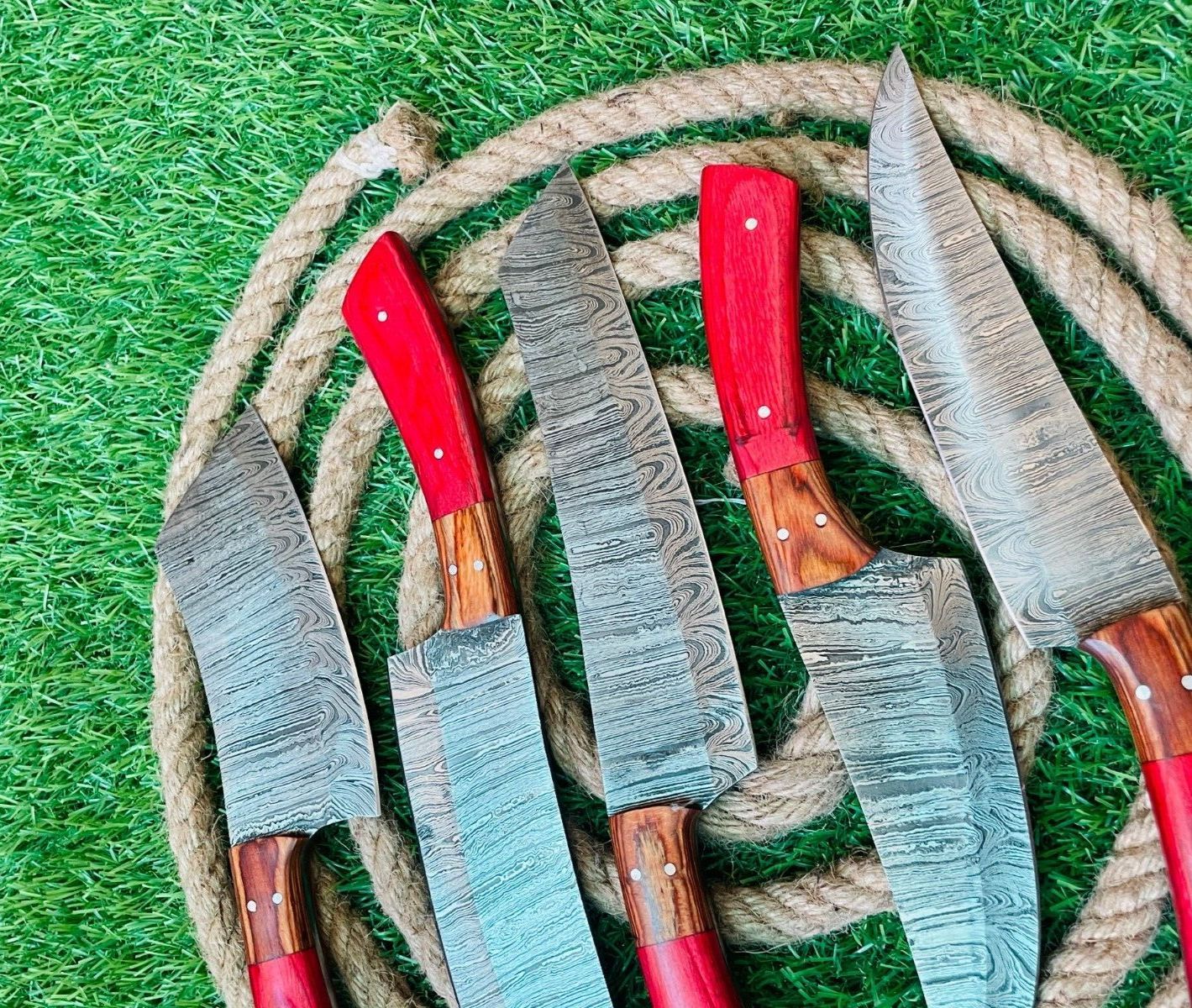 Custom Handmade Damascus Steel 5Piece Chef Knife Set  Full Tang Wooden Handles With Leather Bag  Pr 2