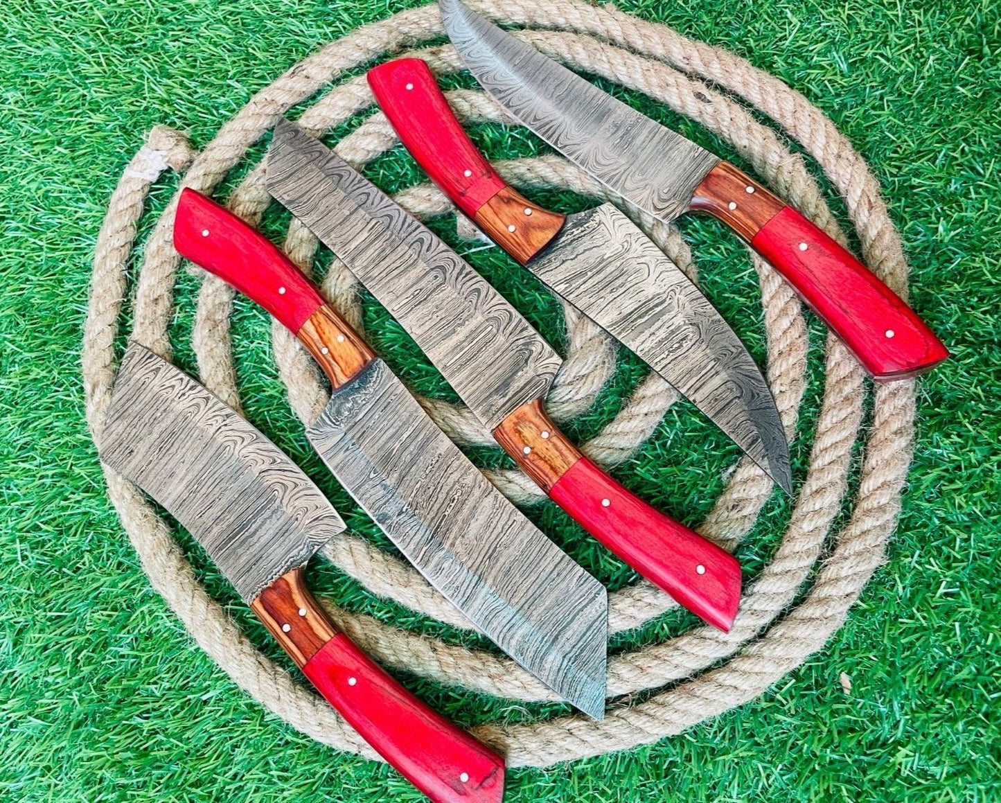Custom Handmade Damascus Steel 5-Piece Chef Knife Set | Full Tang Wooden Handles with Leather Bag | Premium Kitchen