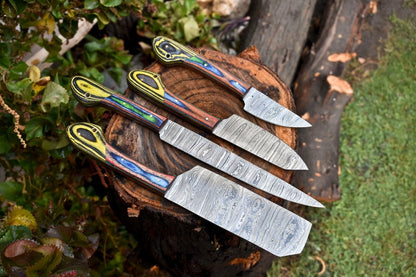 Lot of 4 Handmade Damascus Steel Chef Knives | Hammered Full Tang with Hard Wood Handles | Premium Kitchen Cutlery