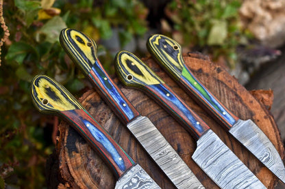 Lot Of 4 Handmade Damascus Steel Chef Knives  Hammered Full Tang With Hard Wood Handles  Premium Ki 1