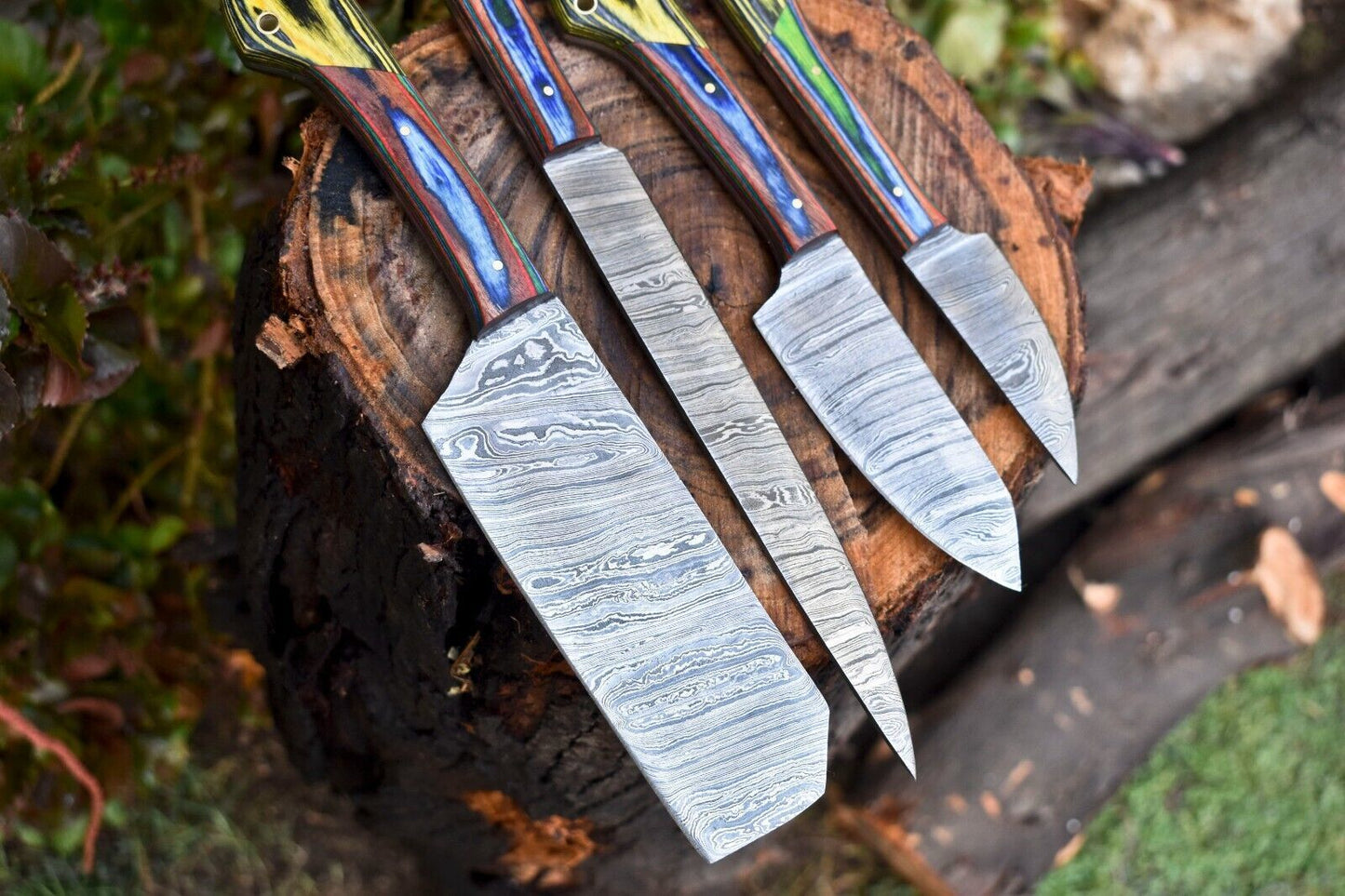 Lot Of 4 Handmade Damascus Steel Chef Knives  Hammered Full Tang With Hard Wood Handles  Premium Ki 2