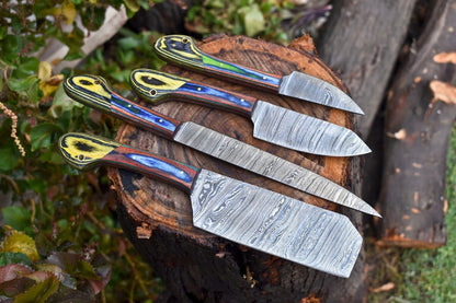 Lot Of 4 Handmade Damascus Steel Chef Knives  Hammered Full Tang With Hard Wood Handles  Premium Ki 3