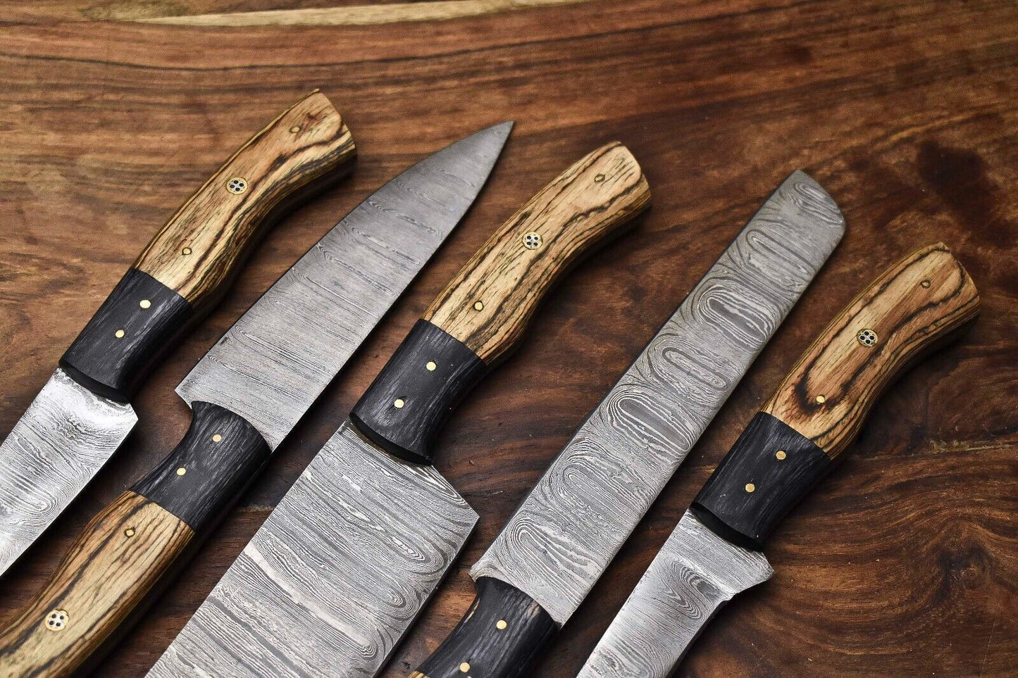 Lot Of 5 Handmade Damascus Steel Chef Knives  Full Tang With Leather Bag  Premium Kitchen Cutlery 1