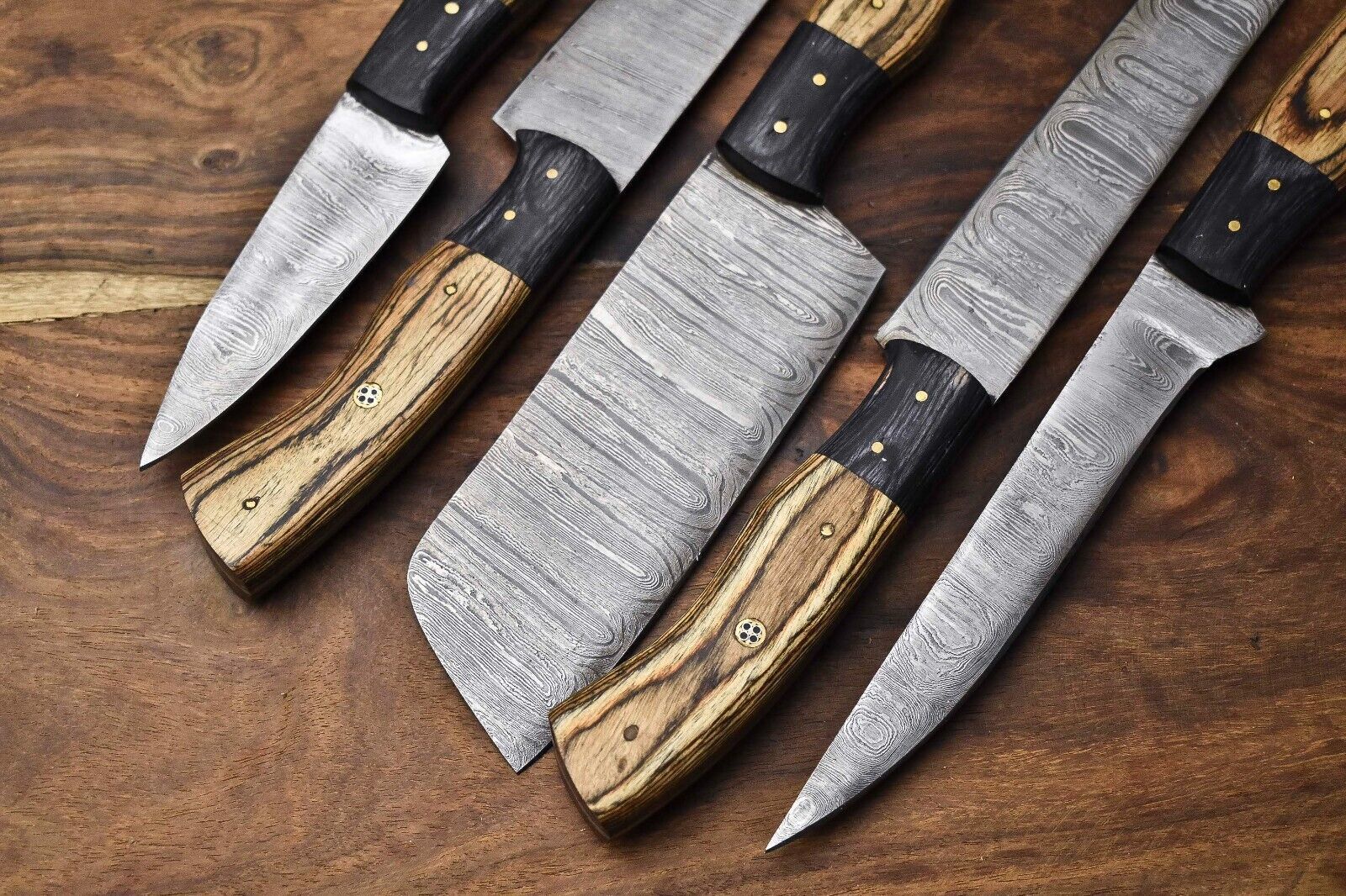 Lot Of 5 Handmade Damascus Steel Chef Knives  Full Tang With Leather Bag  Premium Kitchen Cutlery 2