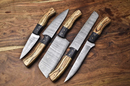 Lot of 5 Handmade Damascus Steel Chef Knives | Full Tang with Leather Bag | Premium Kitchen Cutlery