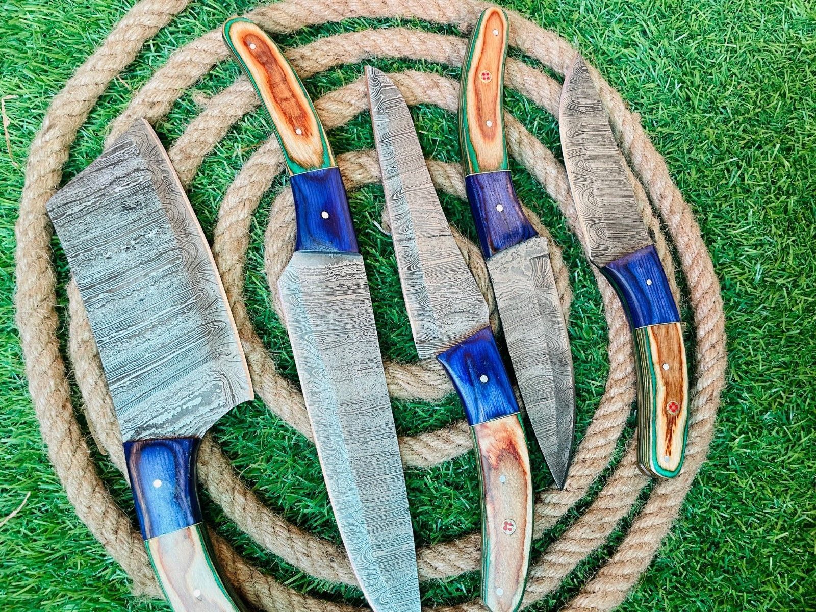 Custom Handmade Damascus Steel 5Piece Chef Knife Set  Full Tang Wooden Handles With Leather Bag 1