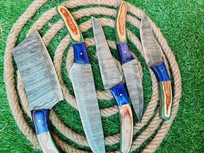 Custom Handmade Damascus Steel 5Piece Chef Knife Set  Full Tang Wooden Handles With Leather Bag 1