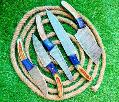Custom Handmade Damascus Steel 5Piece Chef Knife Set  Full Tang Wooden Handles With Leather Bag 2