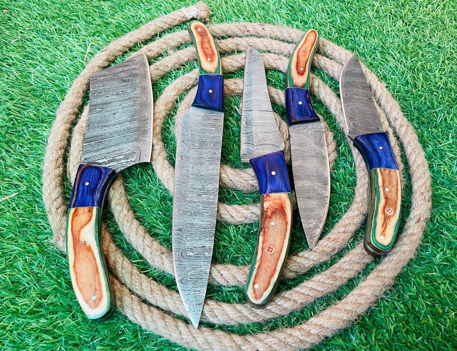 Custom Handmade Damascus Steel 5-Piece Chef Knife Set | Full Tang Wooden Handles with Leather Bag