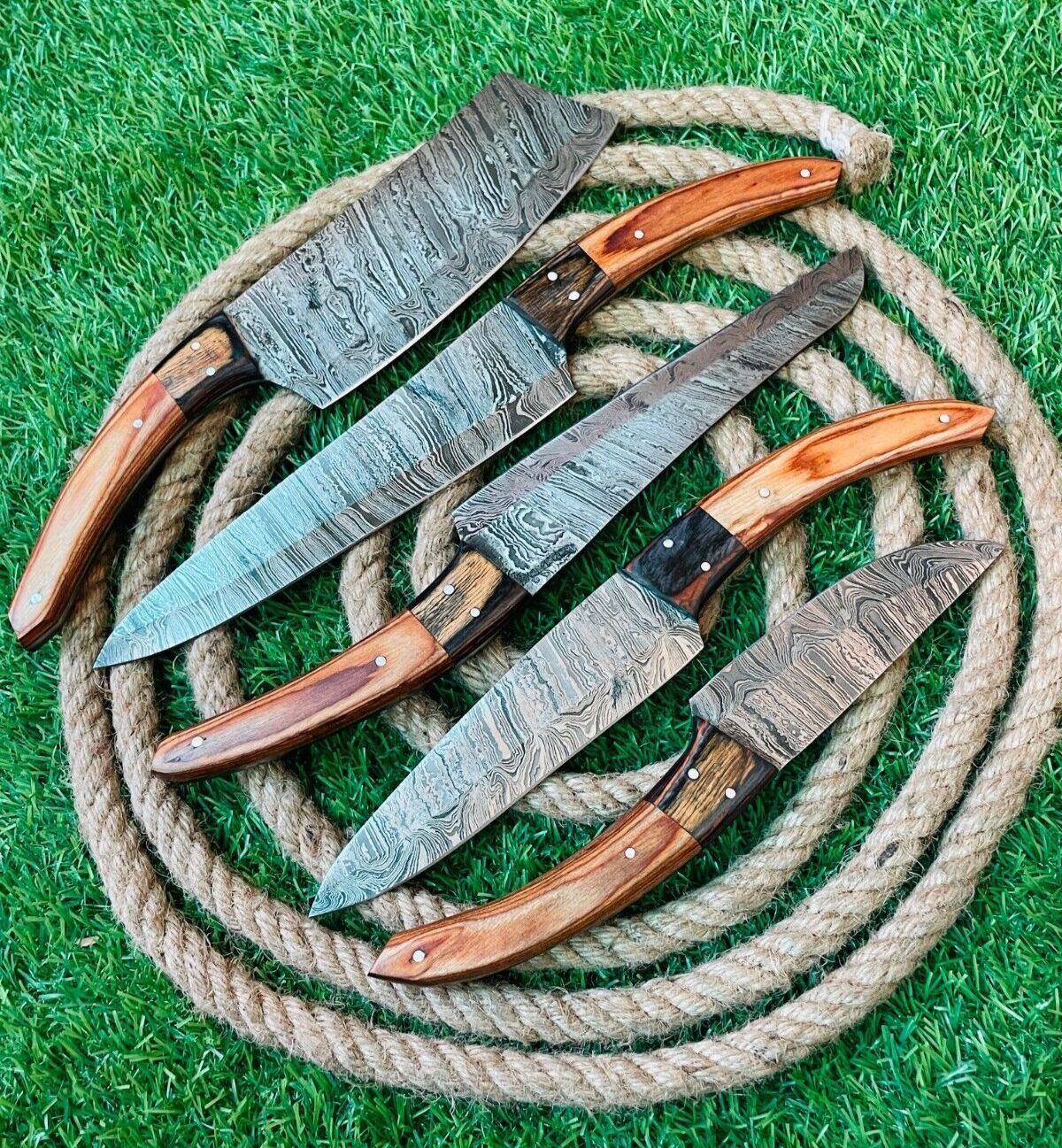 Custom Handmade Damascus Steel 5-Piece Chef Knife Set | Full Tang