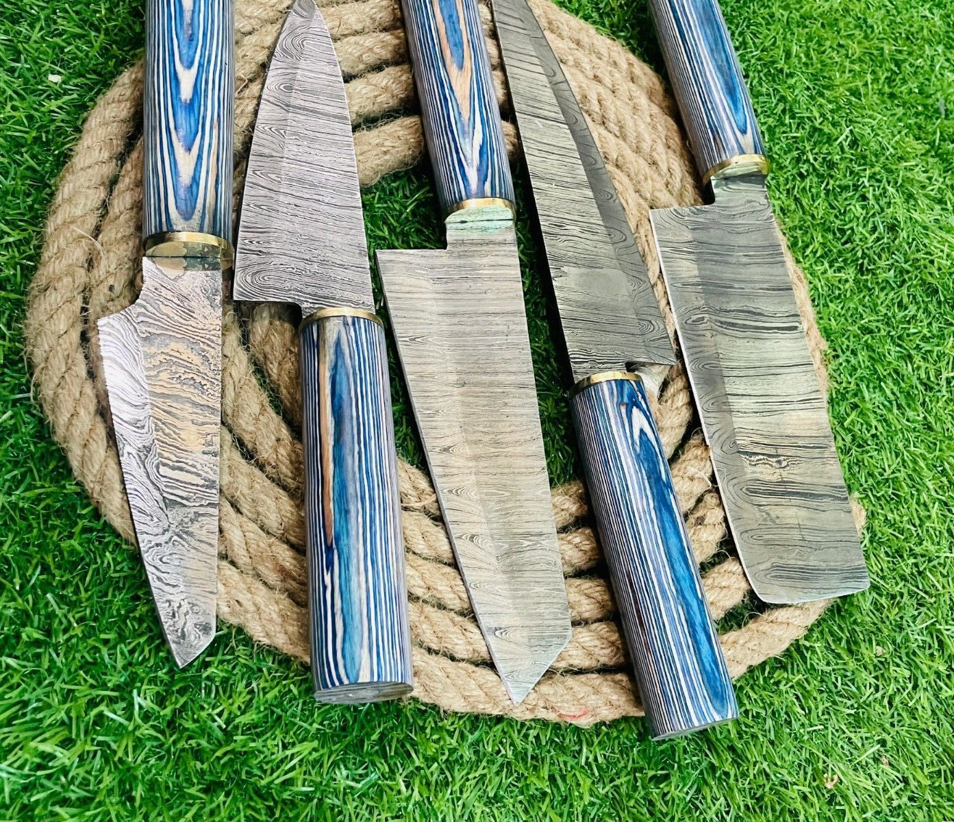 Premium 5Piece Handmade Damascus Steel Chef Knife Set  Rat Tail Tang With Wooden Handles  Leather S 1