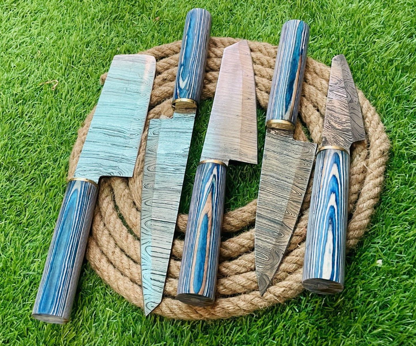 Premium 5Piece Handmade Damascus Steel Chef Knife Set  Rat Tail Tang With Wooden Handles  Leather S 2