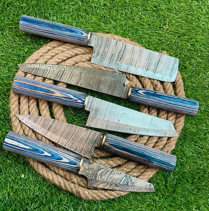 Premium 5-Piece Handmade Damascus Steel Chef Knife Set | Rat Tail Tang with Wooden Handles & Leather Sheath