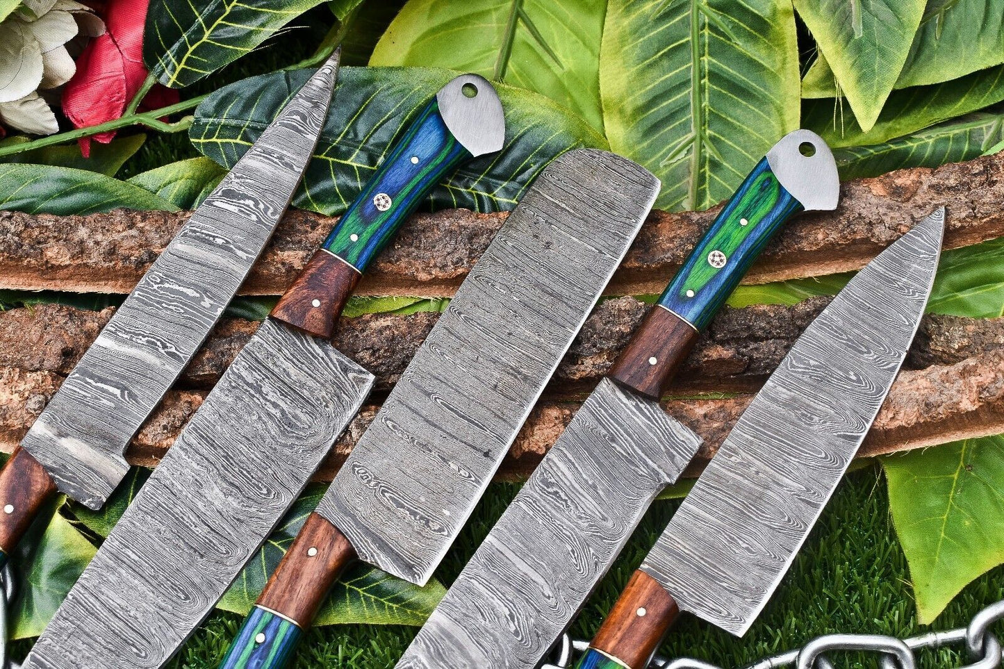 Luxury 5Piece Handmade Damascus Steel Chef Knife Set  Ergonomic Wooden Handles With Rat Tail Tang   1
