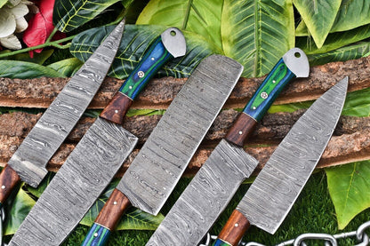 Luxury 5Piece Handmade Damascus Steel Chef Knife Set  Ergonomic Wooden Handles With Rat Tail Tang   1