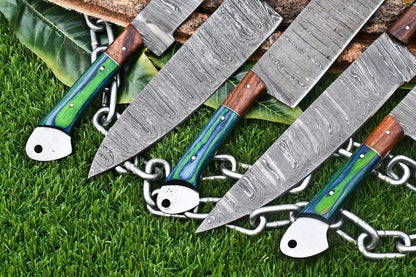 Luxury 5Piece Handmade Damascus Steel Chef Knife Set  Ergonomic Wooden Handles With Rat Tail Tang   2