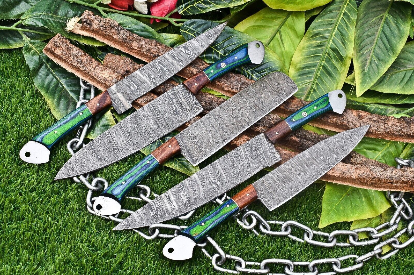Luxury 5Piece Handmade Damascus Steel Chef Knife Set  Ergonomic Wooden Handles With Rat Tail Tang   3