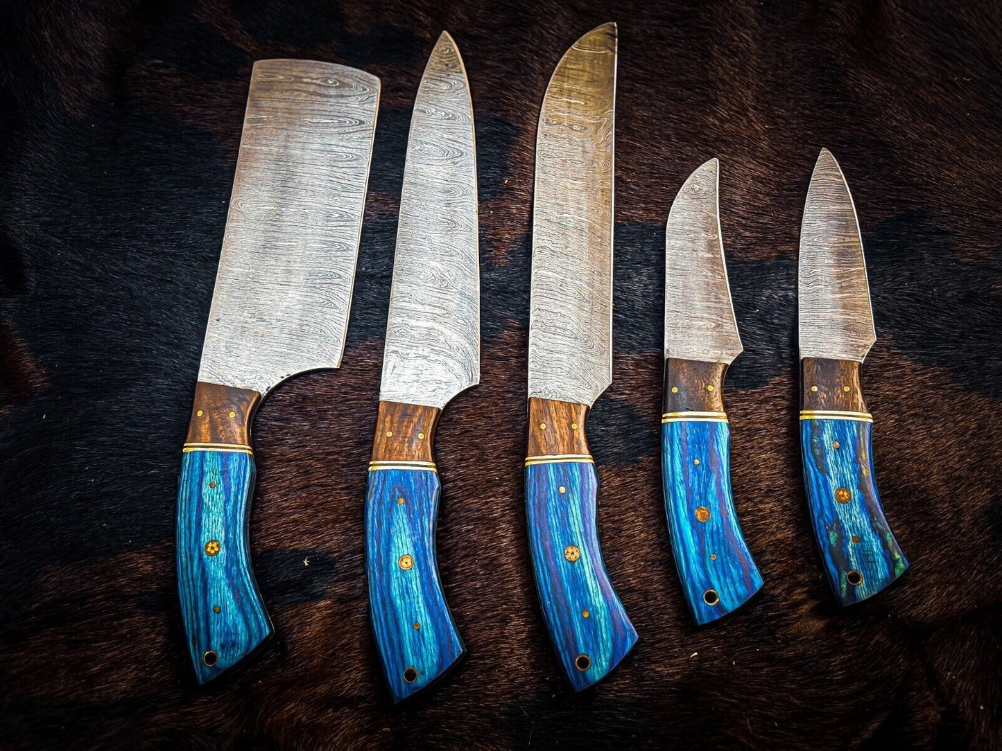 Custom Handmade Damascus Chef  Hunting Knife Set  Premium Steel Blades With Custom Handles  Sheath 3