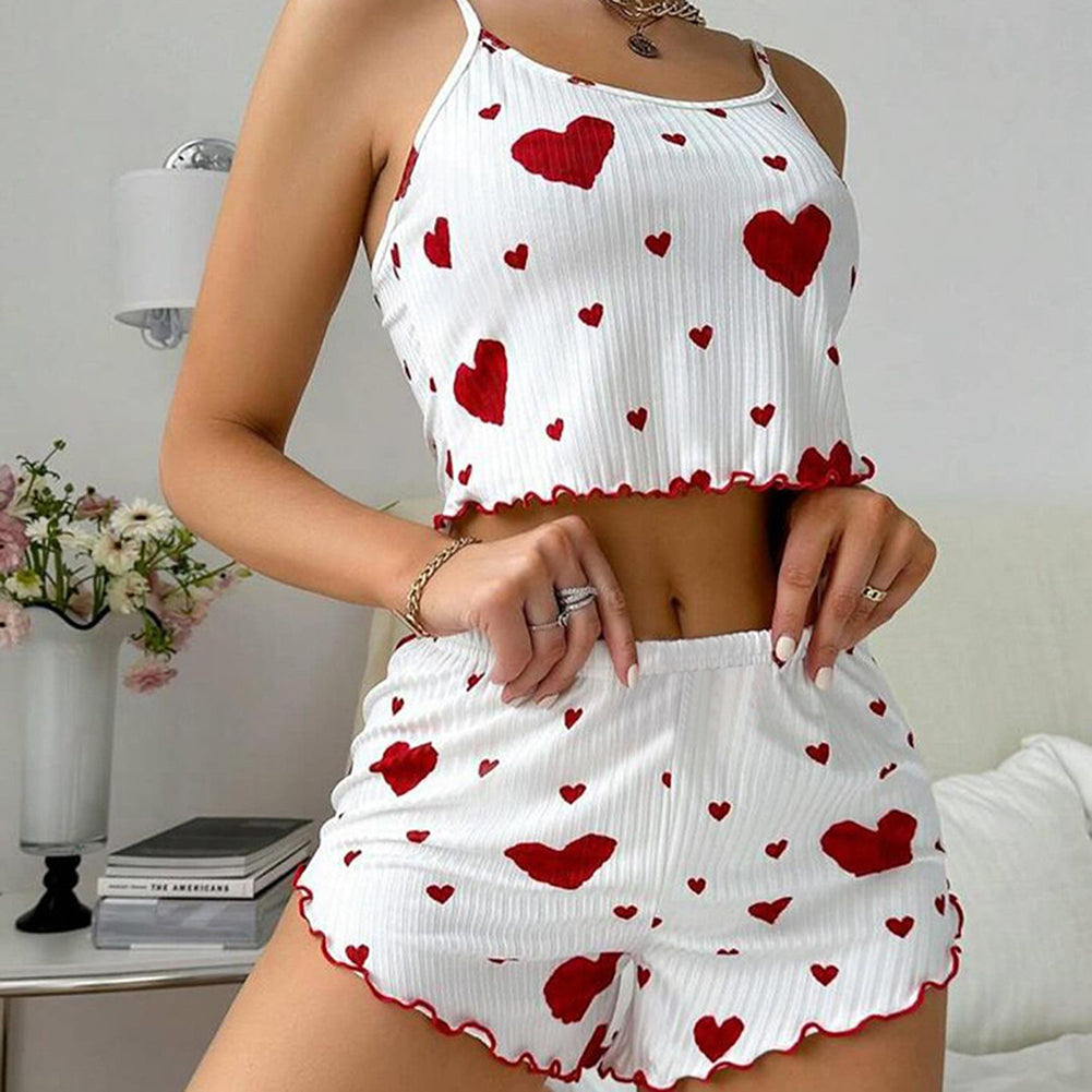 Womens Pajamas Set, Love Heart Print Spaghetti Strap Camisole and Shorts, 2PC Summer Sleepwear