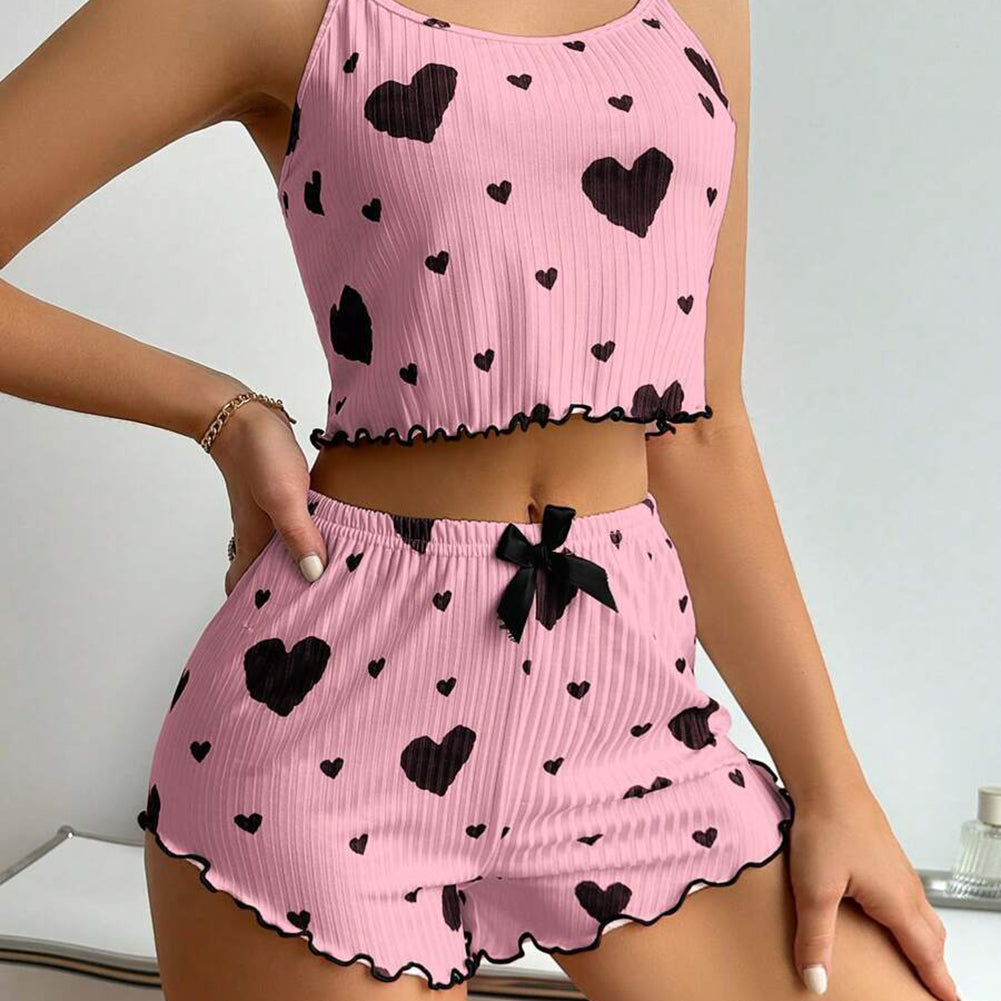 Womens Pajamas Set Love Heart Print Spaghetti Strap Camisole And Shorts 2PC Summer Sleepwear 1