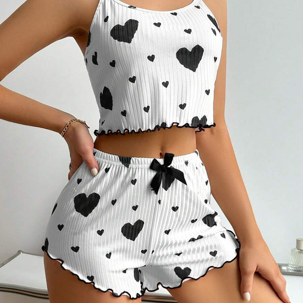 Womens Pajamas Set Love Heart Print Spaghetti Strap Camisole And Shorts 2PC Summer Sleepwear 2