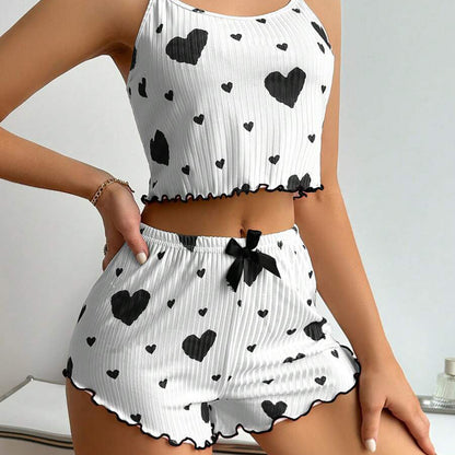 Womens Pajamas Set Love Heart Print Spaghetti Strap Camisole And Shorts 2PC Summer Sleepwear 2