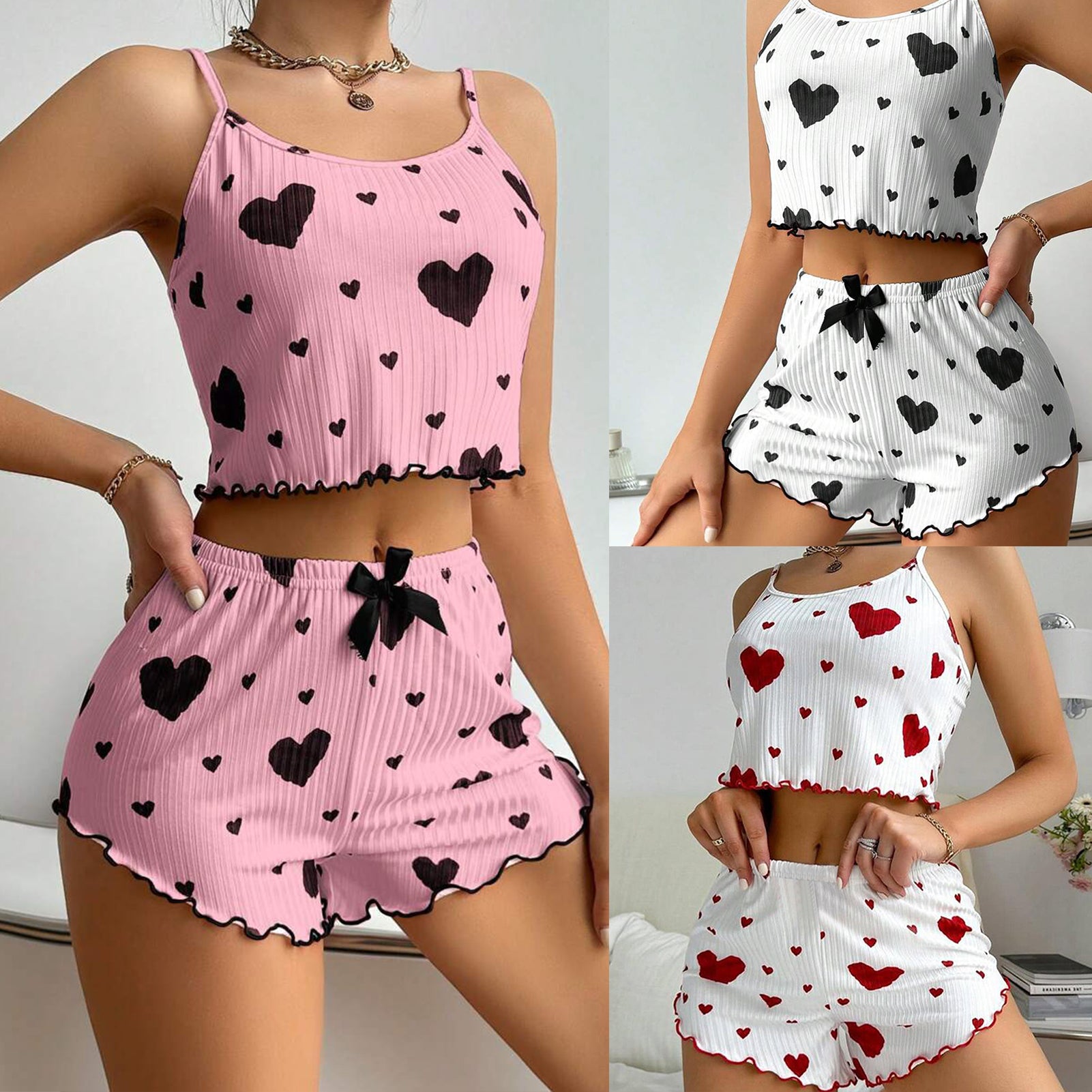 Womens Pajamas Set Love Heart Print Spaghetti Strap Camisole And Shorts 2PC Summer Sleepwear 3