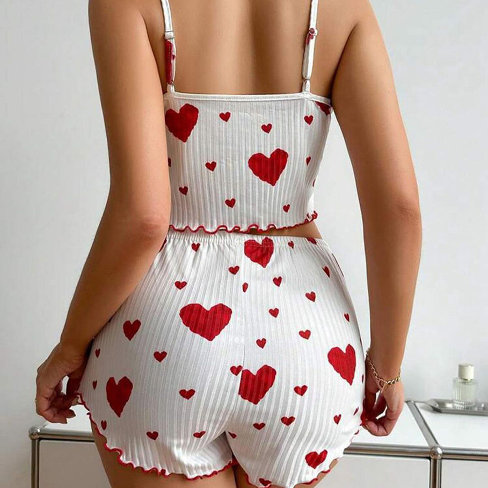 Womens Pajamas Set Love Heart Print Spaghetti Strap Camisole And Shorts 2PC Summer Sleepwear 4