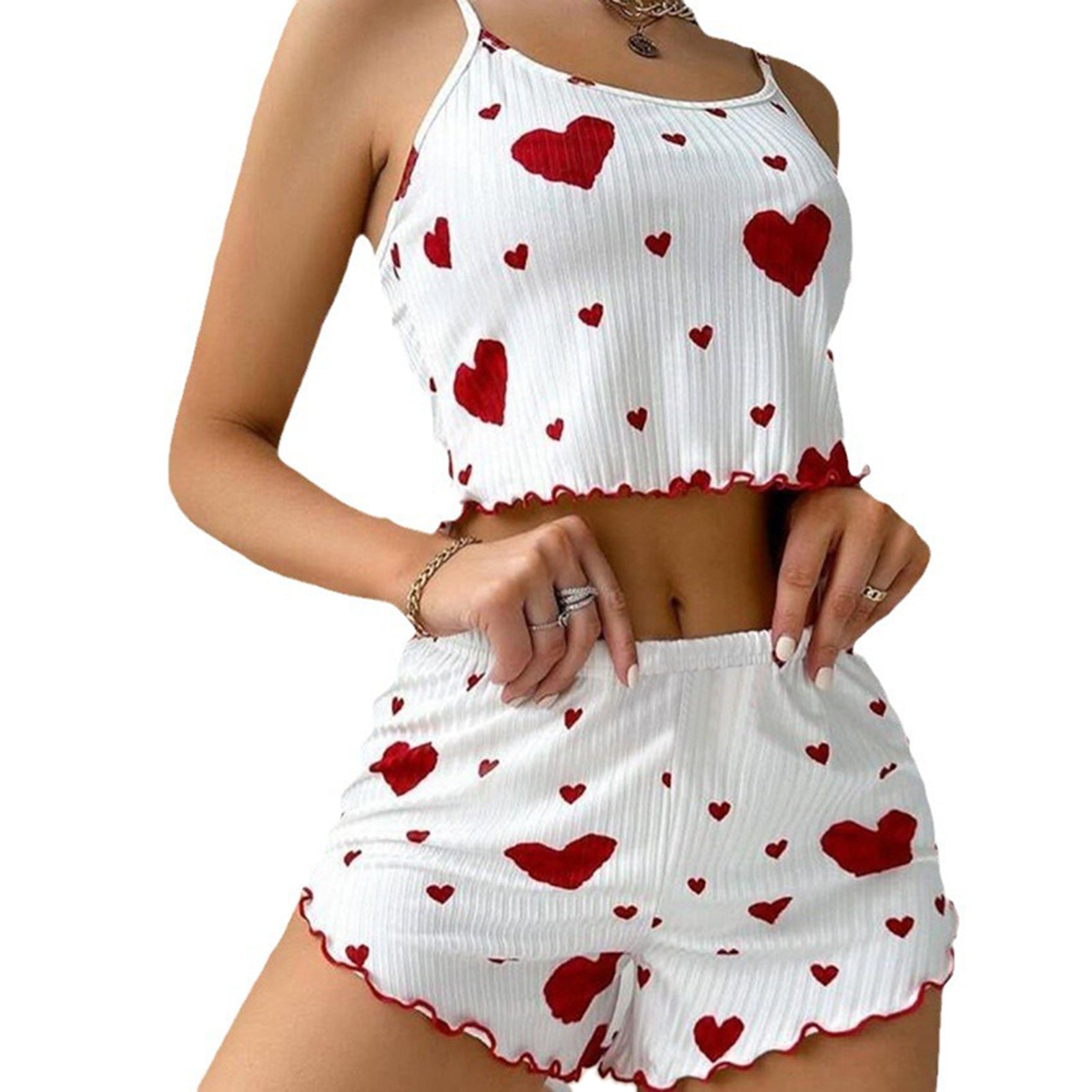 Womens Pajamas Set Love Heart Print Spaghetti Strap Camisole And Shorts 2PC Summer Sleepwear 5