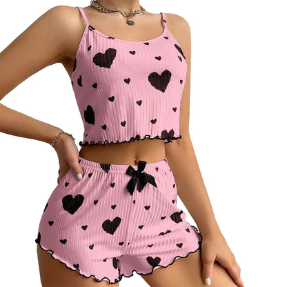 Womens Pajamas Set Love Heart Print Spaghetti Strap Camisole And Shorts 2PC Summer Sleepwear 8