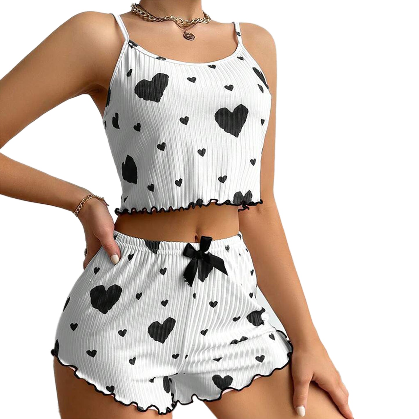 Womens Pajamas Set Love Heart Print Spaghetti Strap Camisole And Shorts 2PC Summer Sleepwear 7