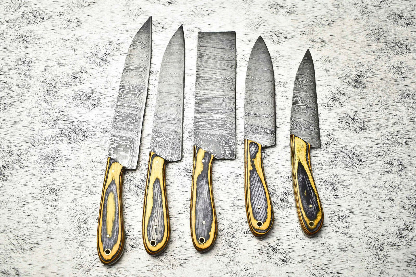Superb Custom Lot of 5 Handmade Hammered Damascus Steel Chef Knives | Full Tang Blades with Polished Handles
