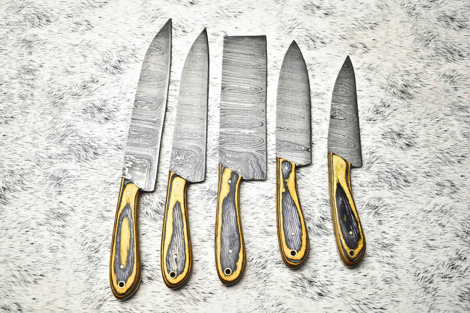 Superb Custom Lot of 5 Handmade Hammered Damascus Steel Chef Knives | Full Tang Blades with Polished Handles
