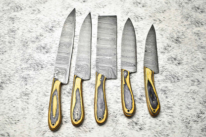 Superb Custom Lot of 5 Handmade Hammered Damascus Steel Chef Knives | Full Tang Blades with Polished Handles