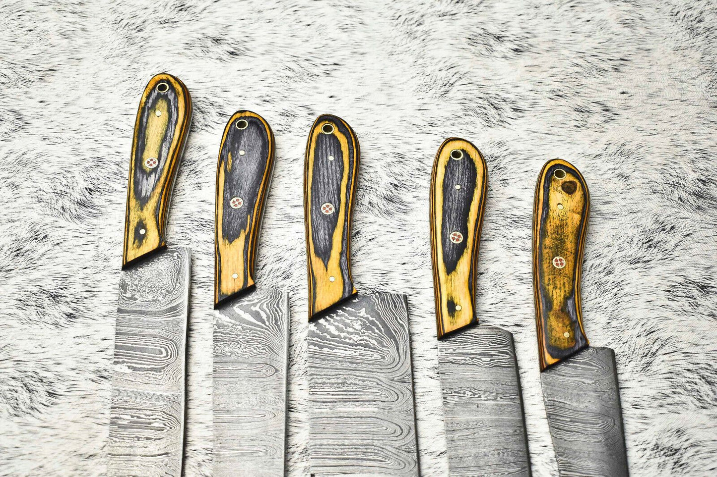 Superb Custom Lot Of 5 Handmade Hammered Damascus Steel Chef Knives  Full Tang Blades With Polished 1