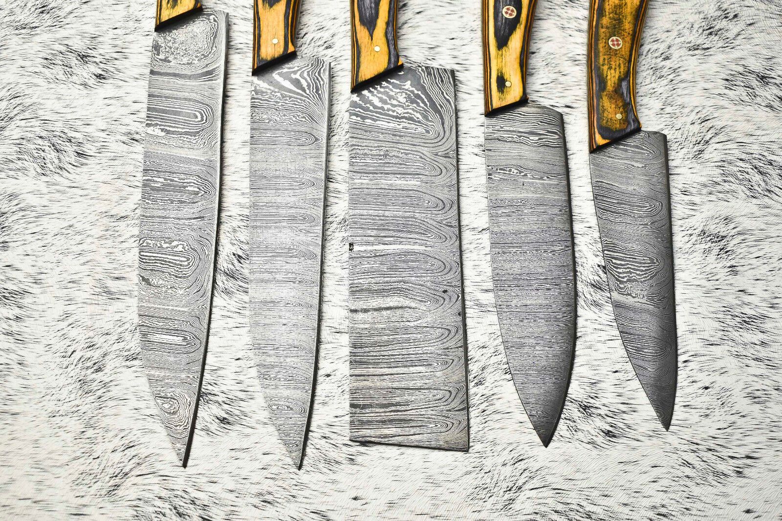 Superb Custom Lot Of 5 Handmade Hammered Damascus Steel Chef Knives  Full Tang Blades With Polished 2