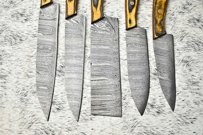 Superb Custom Lot Of 5 Handmade Hammered Damascus Steel Chef Knives  Full Tang Blades With Polished 2