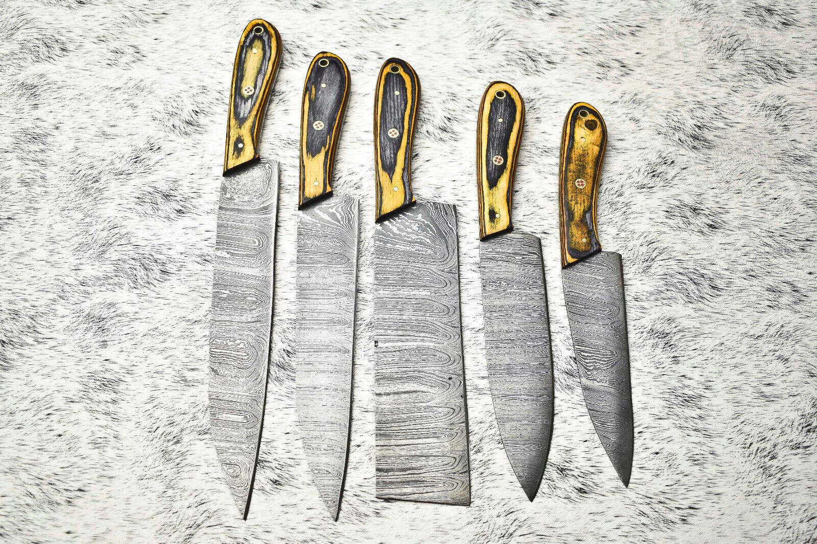 Superb Custom Lot Of 5 Handmade Hammered Damascus Steel Chef Knives  Full Tang Blades With Polished 3