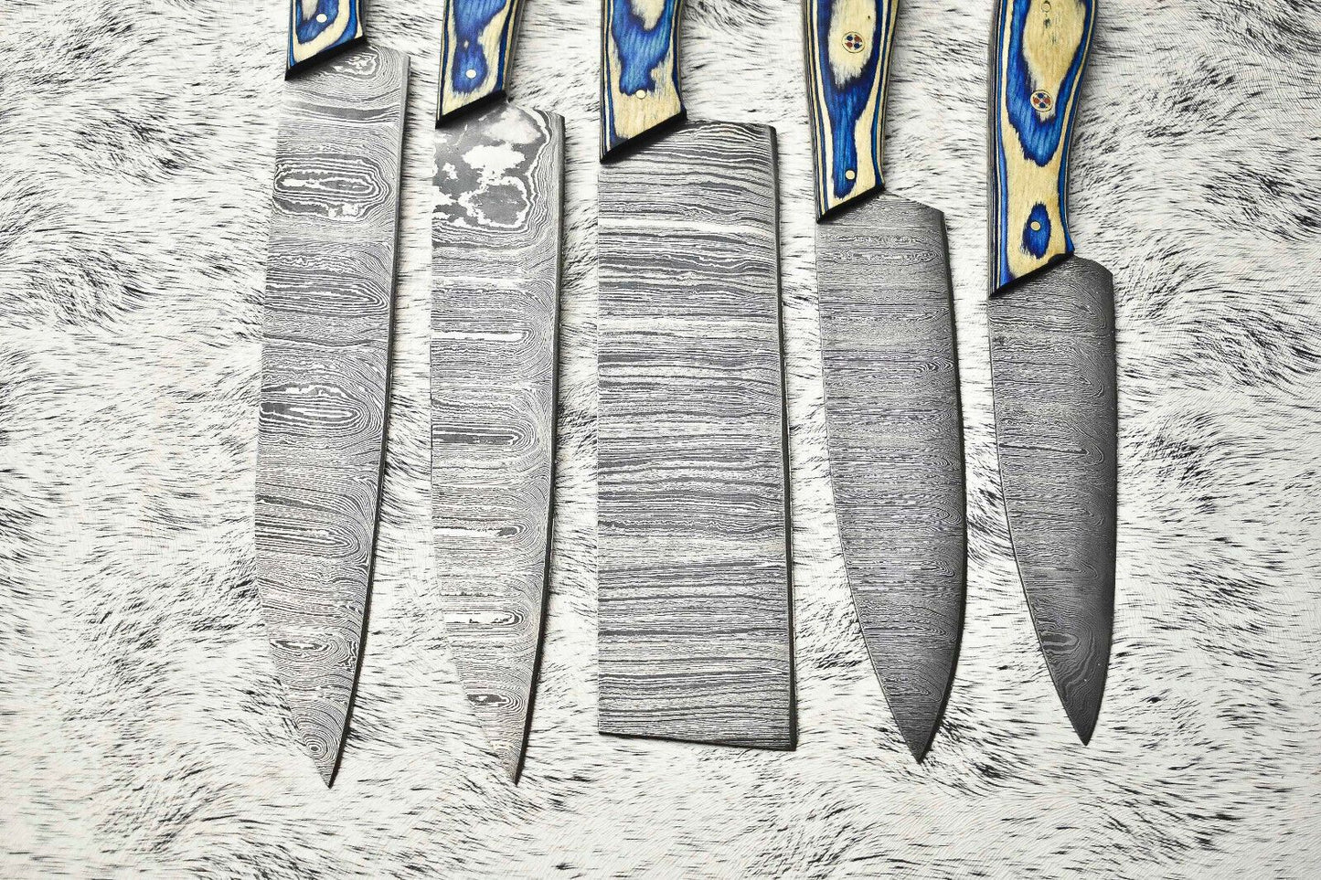 Custom Lot Of 5 Handmade Hammered Damascus Steel Chef Knives  Full Tang Blades With Polished Handle 1