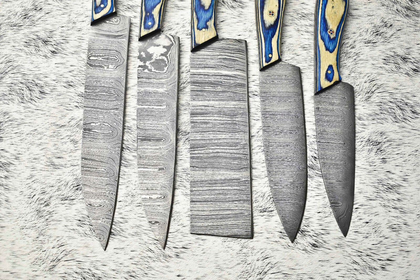 Custom Lot Of 5 Handmade Hammered Damascus Steel Chef Knives  Full Tang Blades With Polished Handle 1