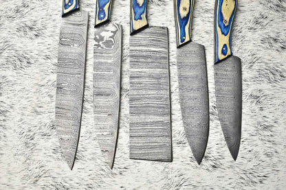 Custom Lot Of 5 Handmade Hammered Damascus Steel Chef Knives  Full Tang Blades With Polished Handle 1