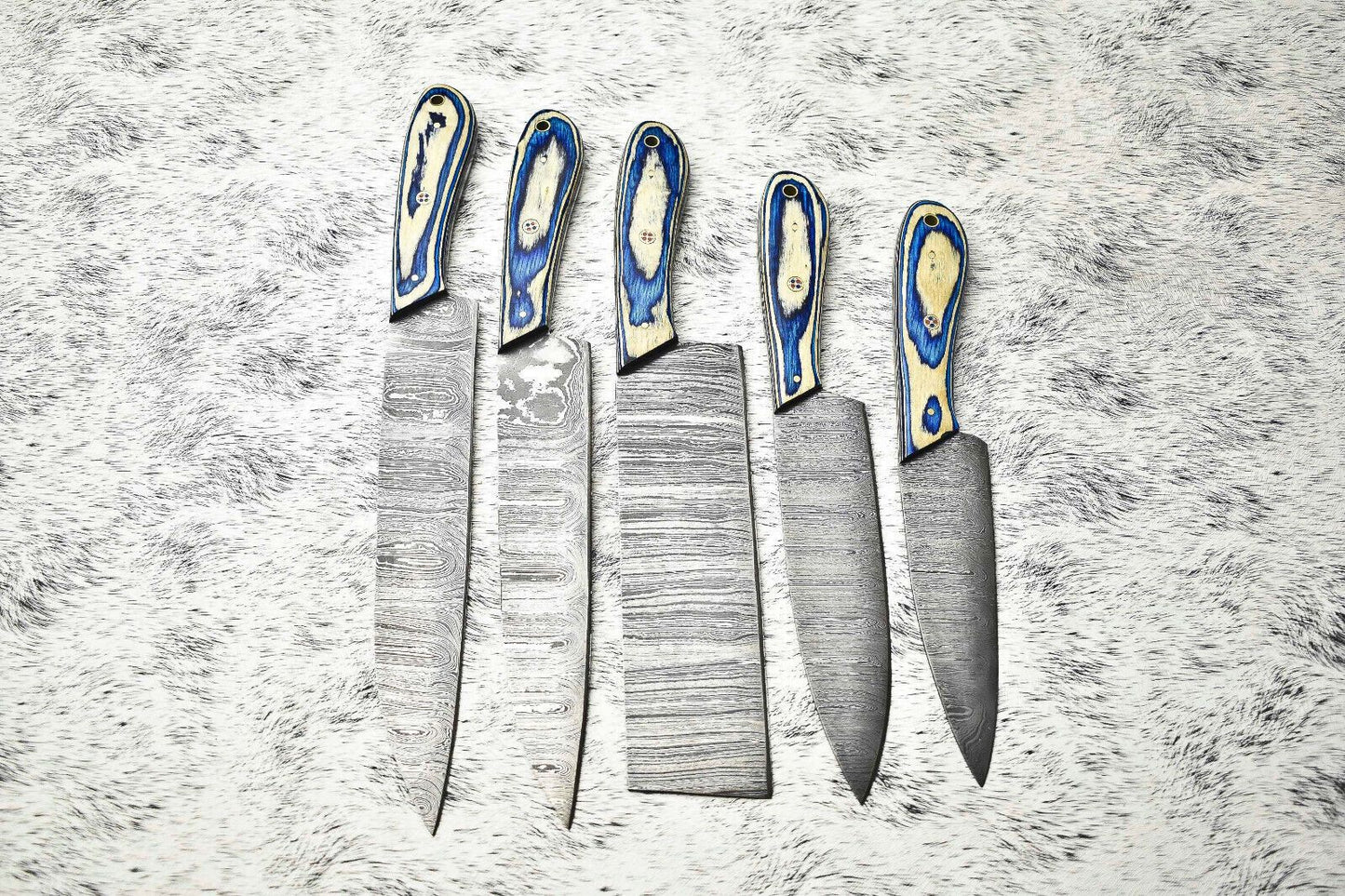 Custom Lot of 5 Handmade Hammered Damascus Steel Chef Knives | Full Tang Blades with Polished Handles
