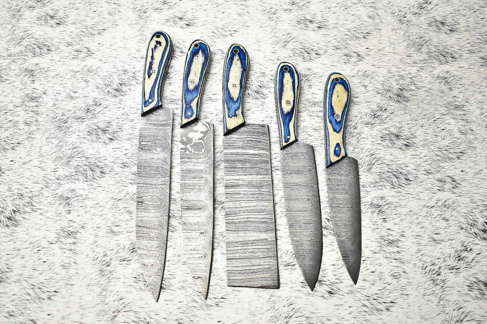 Custom Lot of 5 Handmade Hammered Damascus Steel Chef Knives | Full Tang Blades with Polished Handles