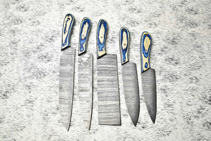 Custom Lot of 5 Handmade Hammered Damascus Steel Chef Knives | Full Tang Blades with Polished Handles