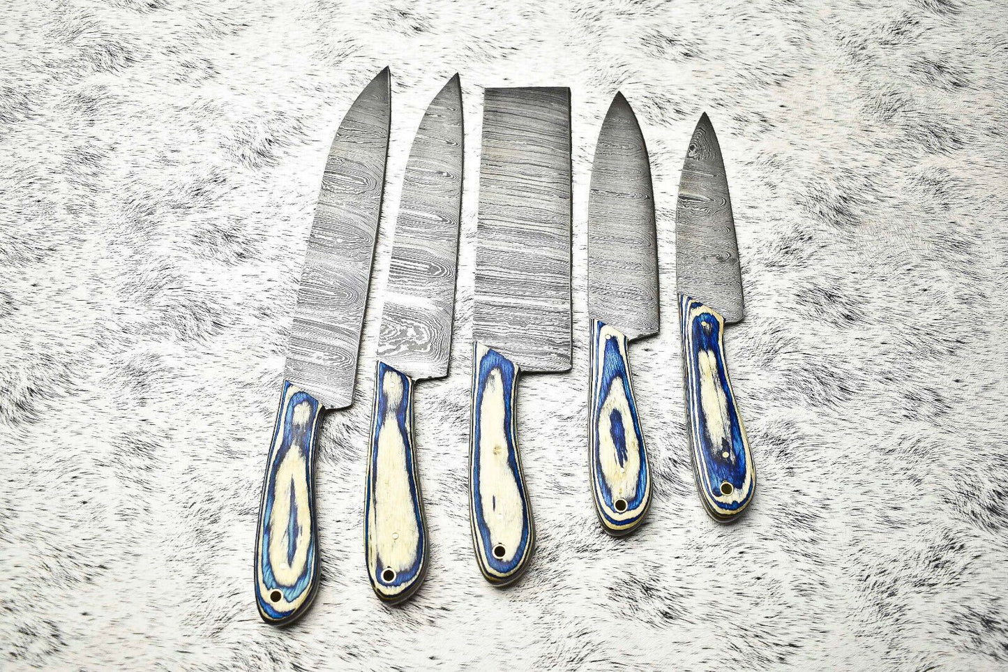 Custom Lot Of 5 Handmade Hammered Damascus Steel Chef Knives  Full Tang Blades With Polished Handle 2